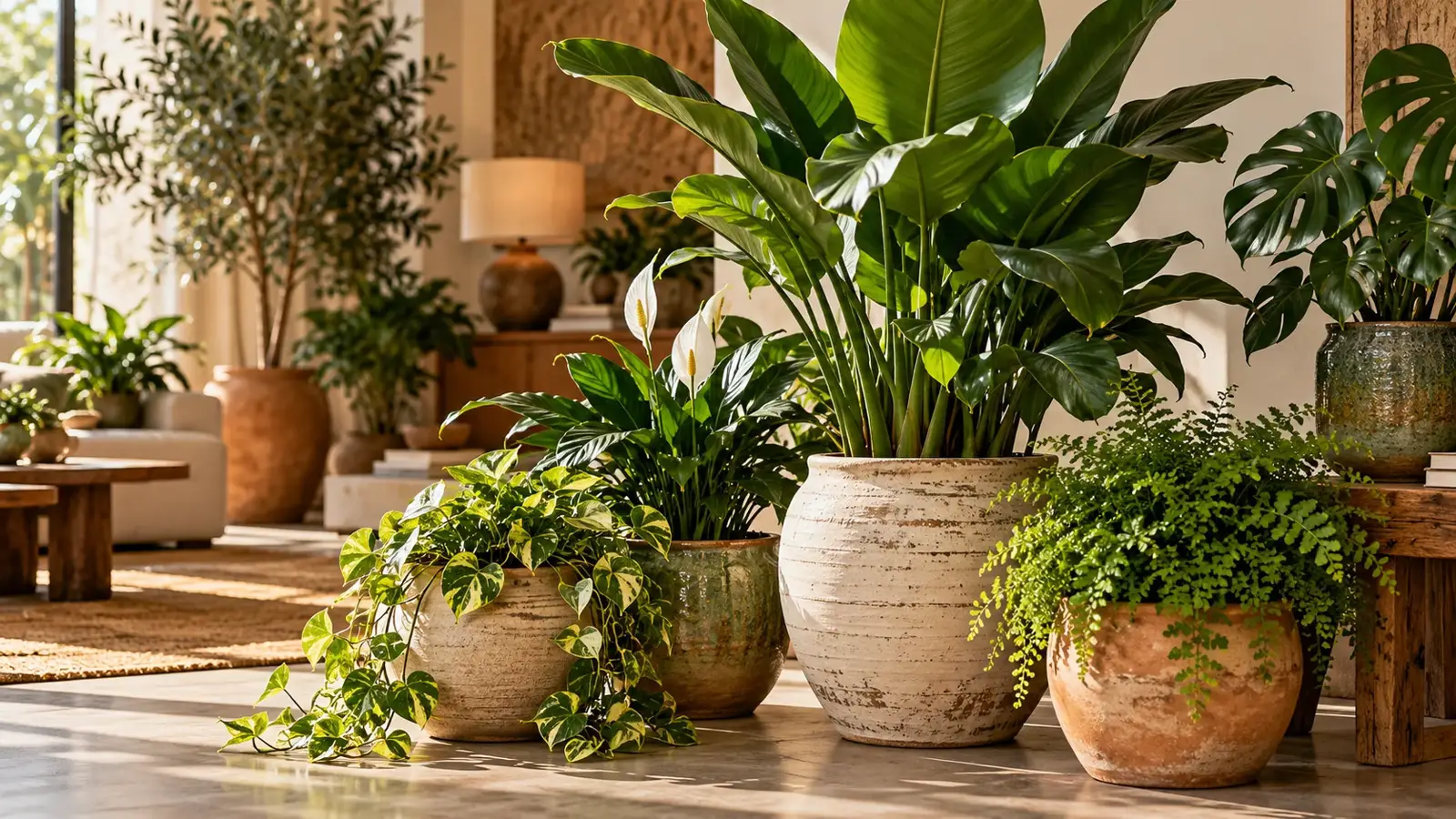 Composição de plantas em vasos decorativos